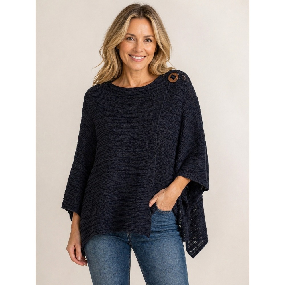 Pure Handknit Black Cotton Textured Sweater Asymmetric Wood Button L/XL